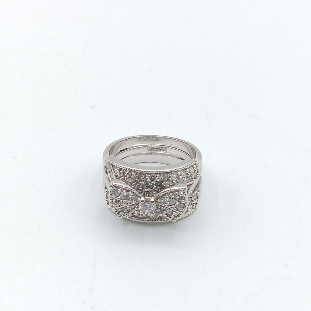 Sterling Silver Moissanite Bow Tie Ring Size 5.75 2-Piece Pave Luxury Elegant